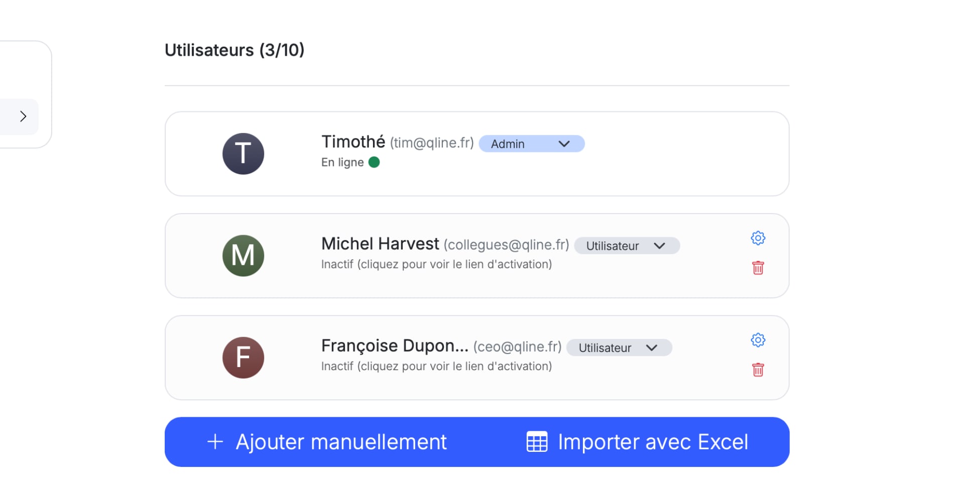 Panel d'administration des comptes de votre équipe